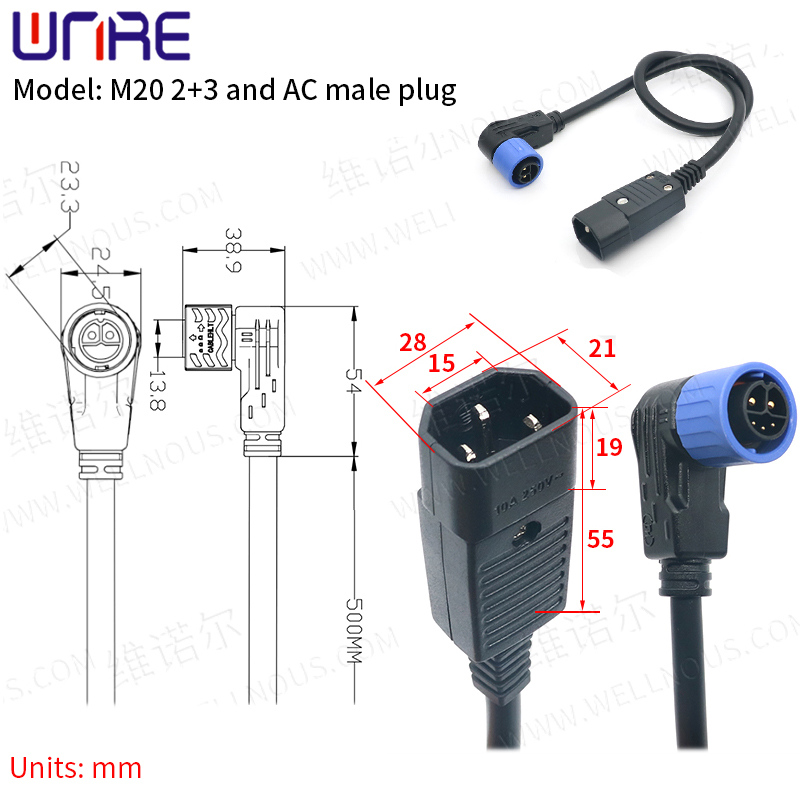 1 Ṣeto M20 2+3 ati AC Okunrin Plug Gbigba agbara Port E-BIKE Asopọ Batiri IP67 Scooter Socket Plug Pẹlu Cable C13 Socket