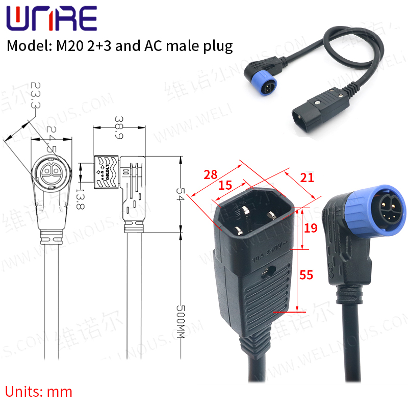 1 Juego M20 2 + 3 y enchufe macho AC puerto de carga conector de batería para bicicleta eléctrica IP67 enchufe de enchufe para scooter con cable enchufe C13