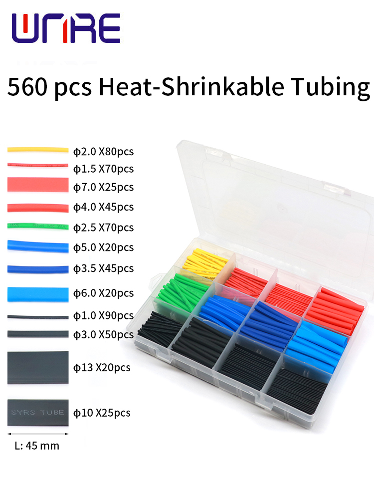 560pcs Polyolefin Isunki Oriṣiriṣi Ooru Isunki Tube Waya Ipari okun USB ti a ti sọtọ Sleeving Tubing Ṣeto Aṣọ Pai Mabomire