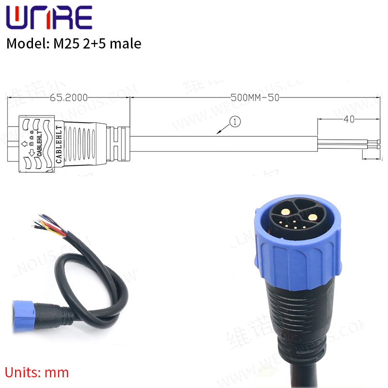 M25 2+5 Male Scooter Socket E-BIKE Battery Connector IP67 30-50A Plug With Cable Wire Charging/Discharging Batteries Plug