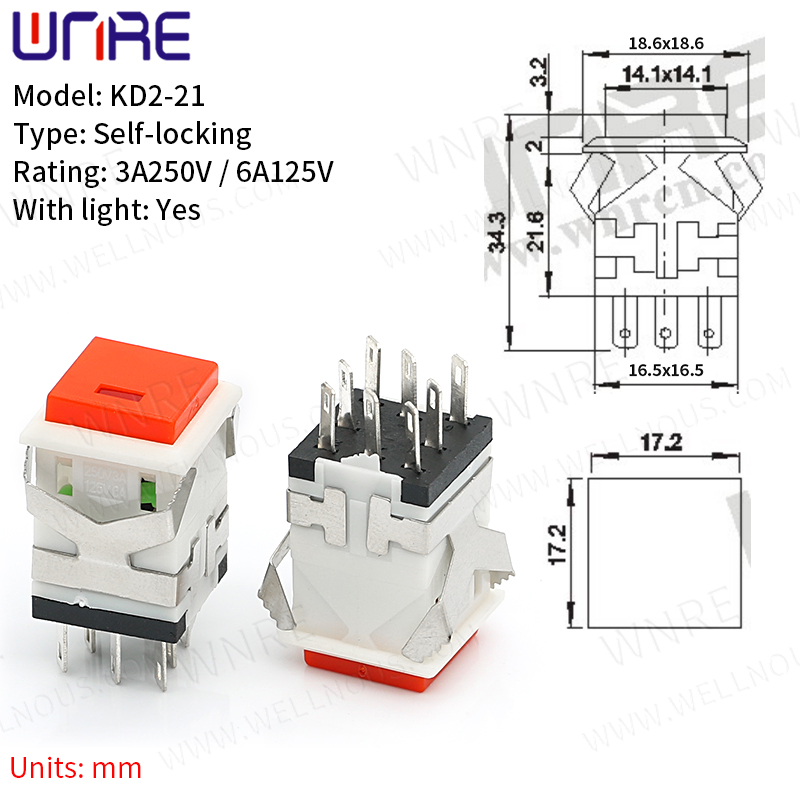 3A 250V 6A 125V లైట్ KD2 సిరీస్ 6 పిన్స్ ఎరుపు/ఆకుపచ్చతో స్వీయ-లాకింగ్ పుష్ బటన్ స్విచ్