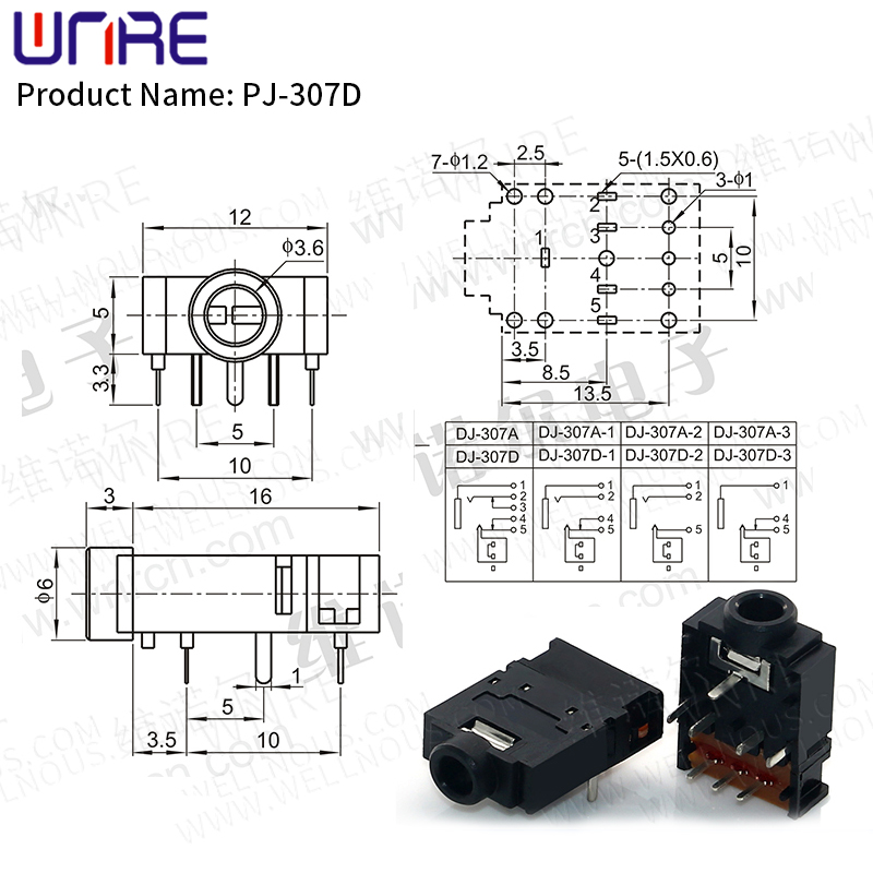 PJ-307D/ PJ-307H/PJ-317/PJ-317A Awọn ẹya ẹrọ Iwe akiyesi 3D Yika Sitẹrio Agbekọri Socket Socket SMD DIP