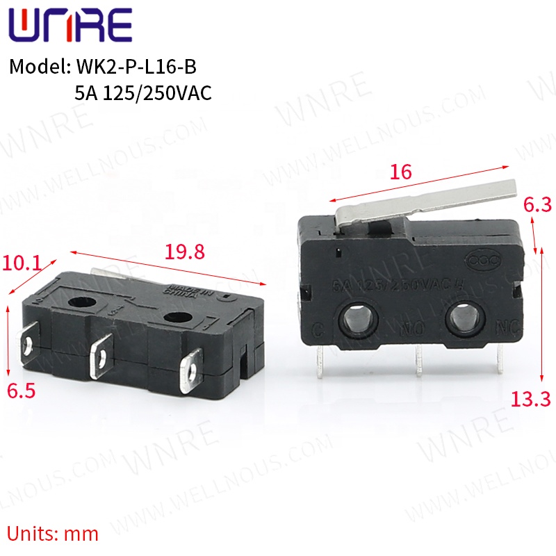 WK2-P-L16-B Micro interruptor de contacto de cobre 5A 125/250V 3Pin Mini interruptor de límite interruptor de botón rápido