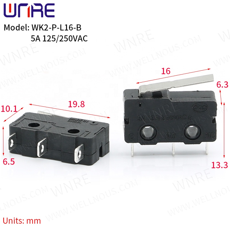WK2-P-L16-B Mikro jungiklis varinis kontaktas 5A 125/250V 3 kontaktų mini ribinis jungiklis Greito mygtuko jungiklis