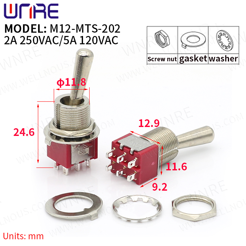 M12-MTS-202 Mini Toggle Switch 6 Pin 2 Position Latching Power Button Switch የመኪና ጀልባ ሮከር መቀየሪያ የኤሌክትሮኒክስ መግብሮችን መቀያየር