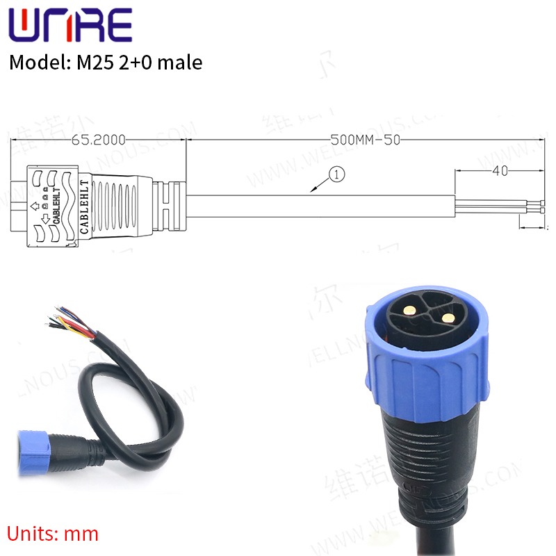 Connector de bateries M25 2 + 0 masculí per a scooter E-BIKE Connector IP67 30-50A amb cable de cable Endoll de càrrega/descàrrega de bateries