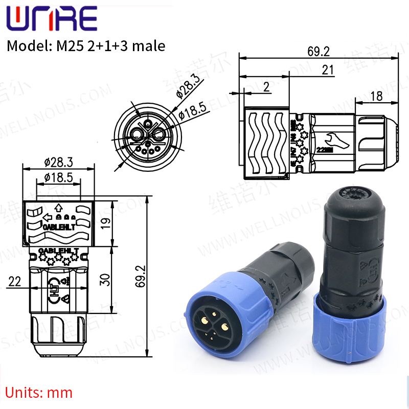 E-BIKE బ్యాటరీ కనెక్టర్ IP67 30-50A ఛార్జింగ్ పోర్ట్ M25 2+1+3 కేబుల్ స్కూటర్ సాకెట్ మరియు బైక్ ప్లగ్ బ్యాటరీలతో కూడిన మేల్ ప్లగ్