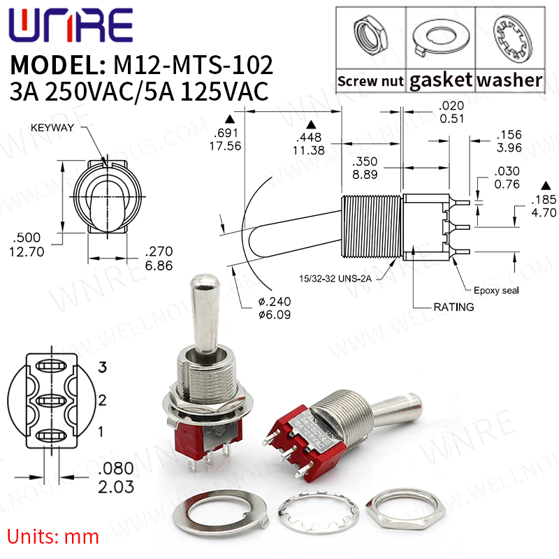 M12-MTS-102 Mini Toggle Switch 3 Pin 2 Position Latching Power Button ቀይር የመኪና ጀልባ ሮከር መቀየሪያ ኤሌክትሮኒክ መግብሮች