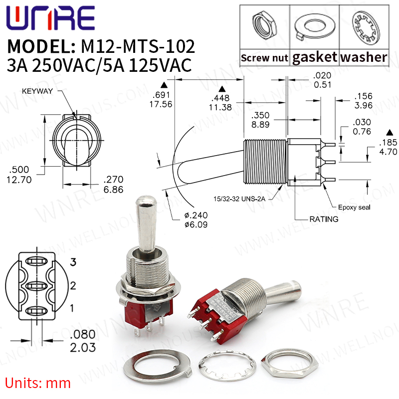 M12-MTS-102 Мини которгуч 3 пин 2 позицияны бекитүү кубат баскычын которгуч Унаа кайыкын которгучту өчүргүч Электрондук гаджеттер