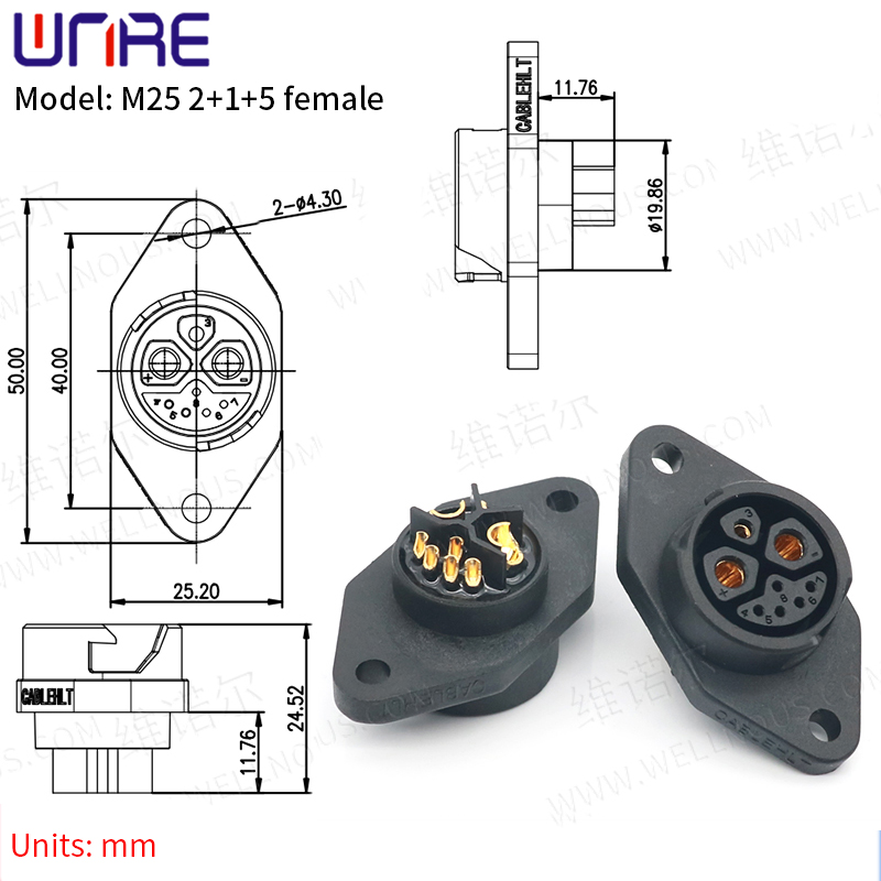 E-BIKE Battery Connector IP67 30-50A Charging Port M25 2+1+5 Female Rhombus Plug with Cable Scooter Socket e Bike Plug Battery