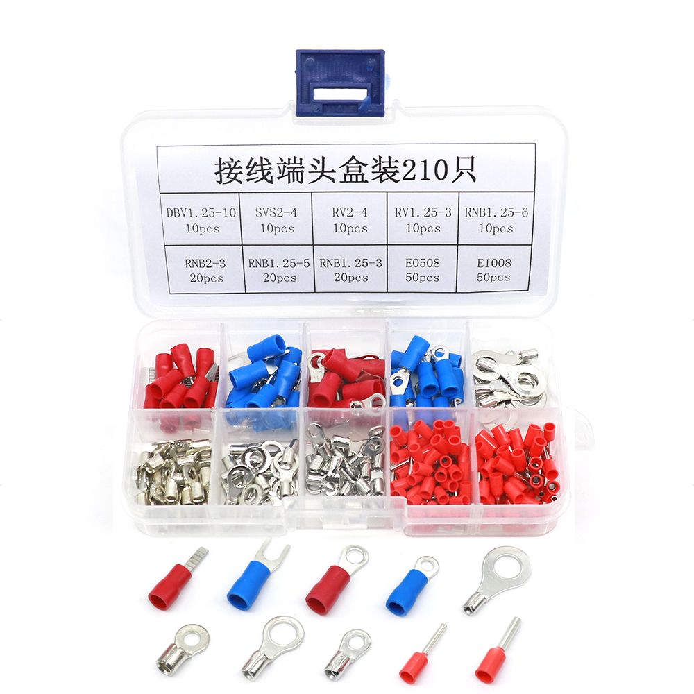 210pcs Boxed Crimp Terminal O Shaped Wire Connector OT RNB2-3 + E0508 ​​Insulated Ferrules Terminal Block Cord End Wire Connector