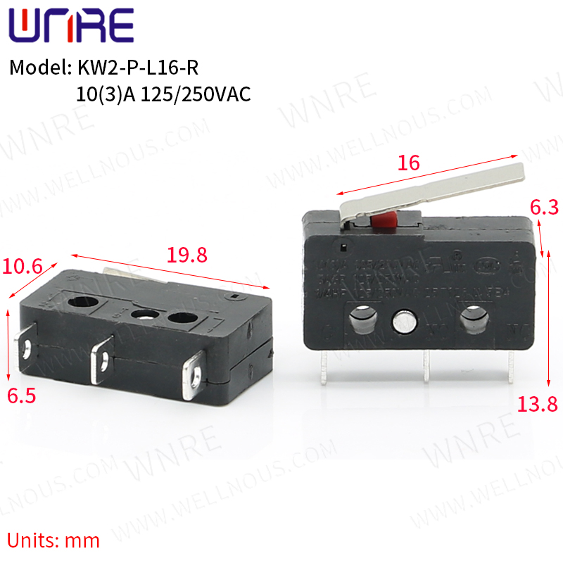 KW2-P-L16-R Micro întrerupător Contact din cupru 3A 125/250V 3Pin Mini întrerupător de limită Comutator cu buton rapid