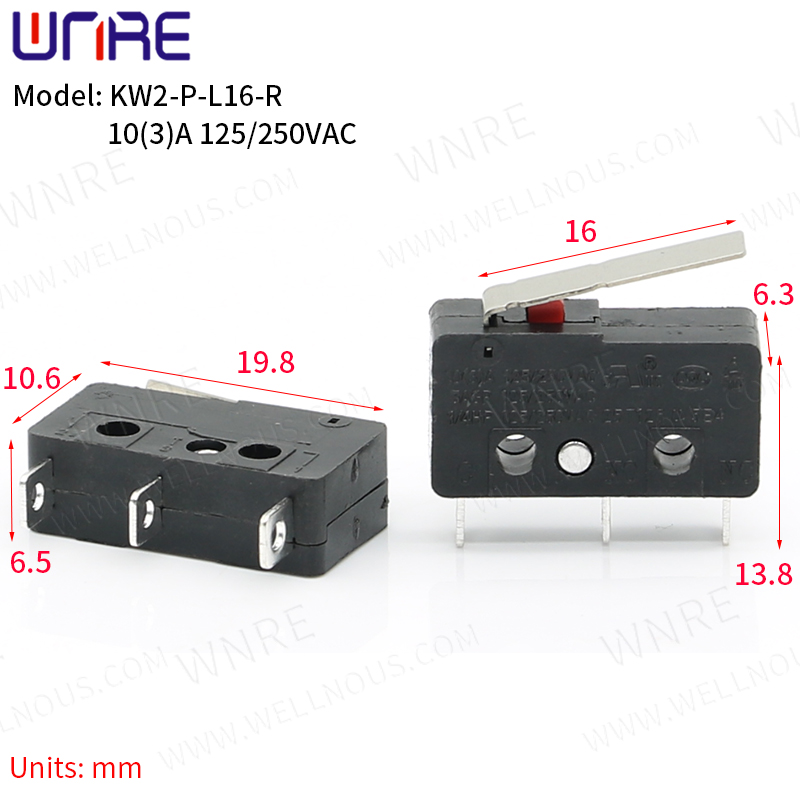 KW2-P-L16-R Mikroprekidač Bakreni kontakt 3A 125/250V 3Pin Mini granični prekidač Brzi prekidač s gumbom