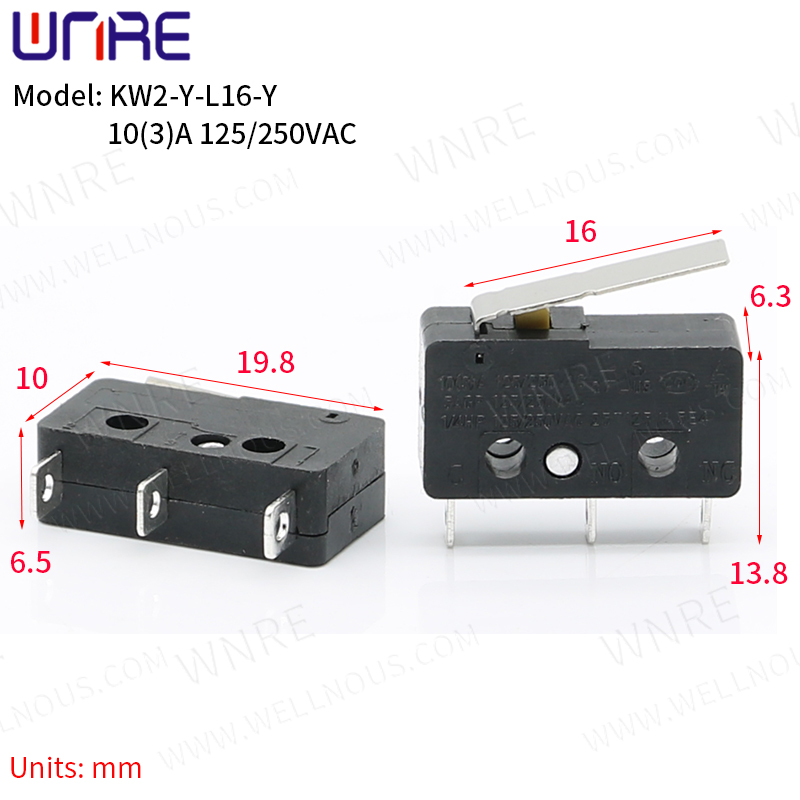 KW2-Y-L16-Y Mikroprekidač Bakreni kontakt 3A 125/250V 3Pin Mini granični prekidač Brzi prekidač s gumbom