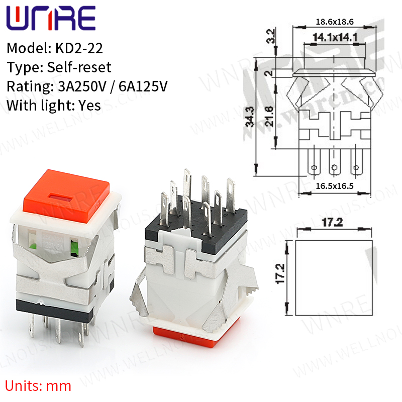 3A 250V 6A 125V Push Button Switch With Light KD2 Series Self-reset 6 Pins Red/Green