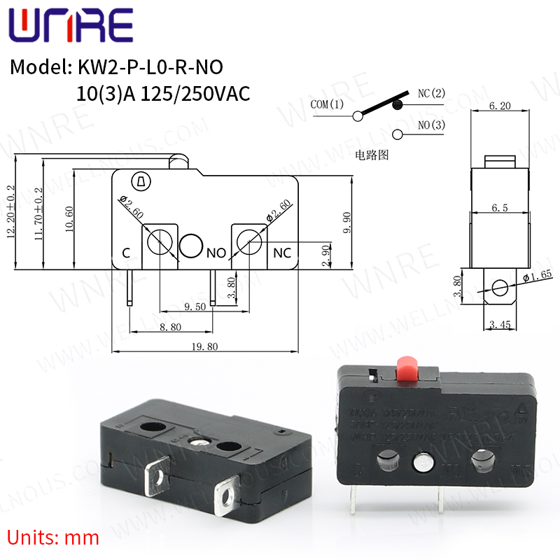 KW2-P-L0-R-NO Мікравыключальнік Медны кантакт 3A 125/250V 2Pin Міні-канцавы выключальнік Хуткі кнопкавы выключальнік