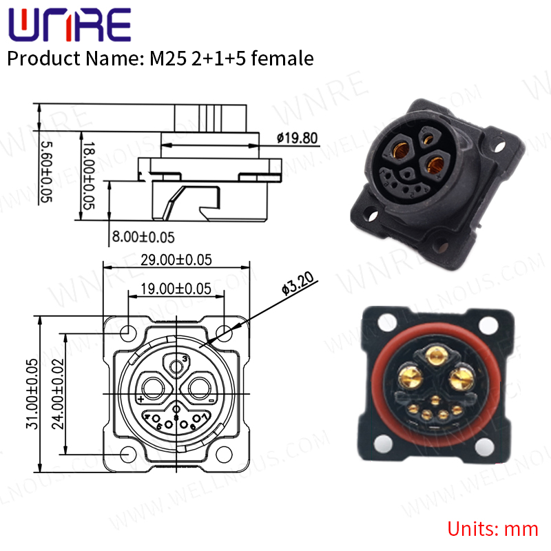 Priključek za akumulator E-BIKE IP67 30-50A Vrata za polnjenje M25 2+1+5 ženski kvadratni vtič z vtičnico za kabelske skuterje e Bike Plug Baterije