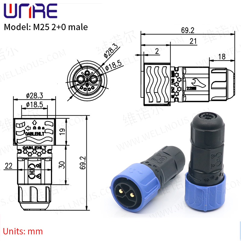 Connector de bateria E-BIKE IP67 30-50A Port de càrrega M25 2 + 0 Endoll masculí amb cable Socket Scooter e Bateries Endoll