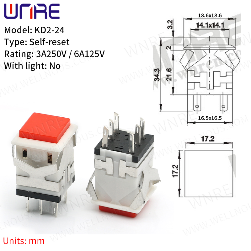 Suis Butang Tekan 3A 250V 6A 125V Dengan Siri KD2 Ringan Set semula kendiri 6 Pin Merah/Hijau