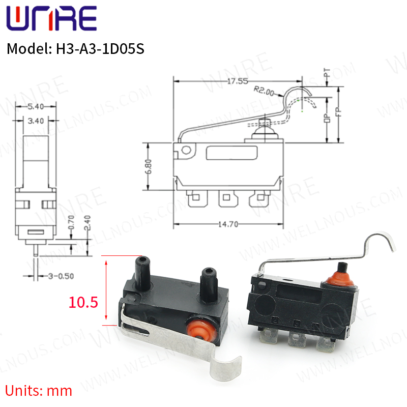 Boleng bo Botle ba H3-A3-1D05S E sa keneleng Metsi Switch ea Micro Switch Ho iketsetsa botjha Switch Sensitive Switch