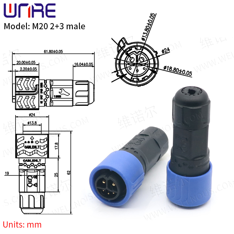 Baterías de enchufe de bicicleta eléctrica M20 2 + 3 puerto de carga macho Conector de batería de bicicleta eléctrica IP67 enchufe de enchufe de scooter con cable enchufe C13