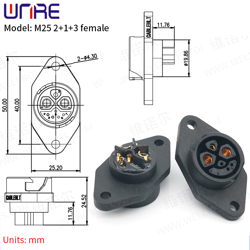 د بریښنایی بیټرۍ نښلونکی IP67 30-50A چارجینګ پورټ M25 2+1+3 ښځینه رومبس پلګ د کیبل سکوټر ساکټ او د بایسکل پلګ بیټرۍ سره