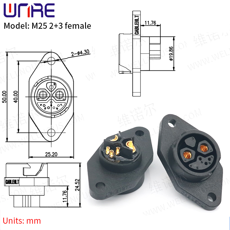 Penyambung Bateri E-BIKE IP67 30-50A Port Pengecasan M25 2+3 Palam Rhombus Wanita Dengan Soket Skuter Kabel dan Bateri Palam Basikal