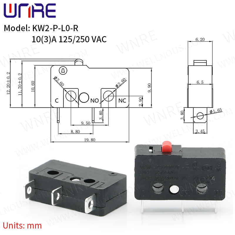 KW2-P-L0-R Micro întrerupător Contact din cupru 3A 125/250V 3Pin Mini întrerupător de limită Comutator cu buton rapid