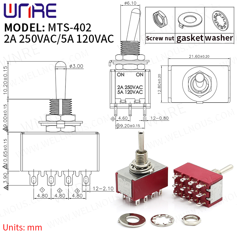 MTS-402 Mini Toggle Switch 12 Pin 2 Position Latching Power Button Switch Car Boat Rocker Toggle Switch Electronic Gadgets