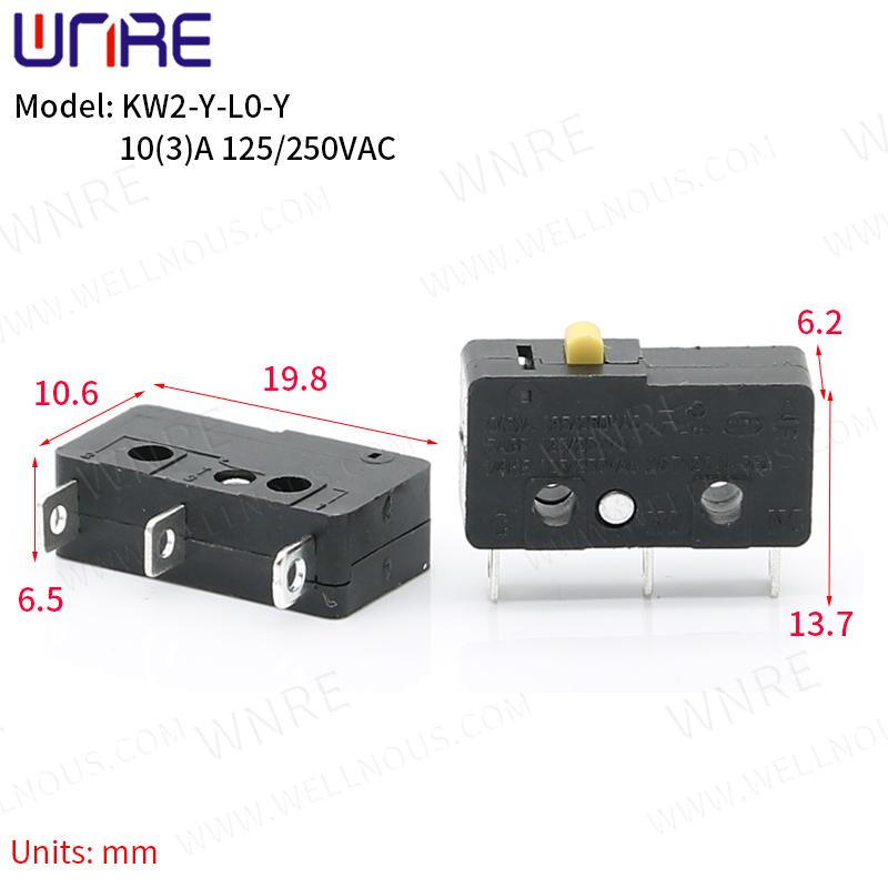 KW2-Y-L0-Y የማይክሮ ማብሪያና ማጥፊያ መዳብ እውቂያ 3A 125/250V 3Pin Mini Limit Switch Quick Button Switch
