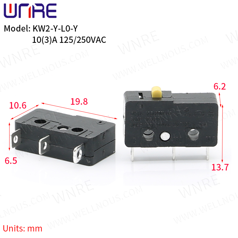 KW2-Y-L0-Y Мікравыключальнік Медны кантакт 3A 125/250V 3Pin Міні-канцавы выключальнік Хуткі кнопкавы перамыкач