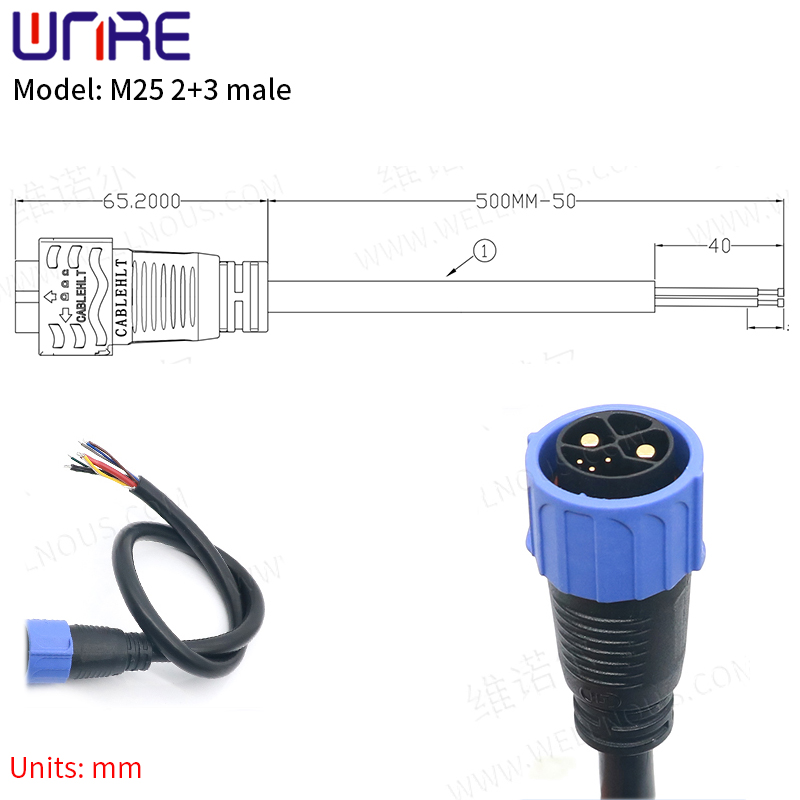 M25 2+3 Male Scooter Socket E-BIKE Battery Connector IP67 30-50A Plug with Cable Wire Charging/Discharging Batteries Plug