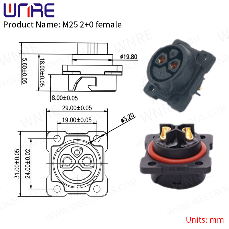 Priključek za akumulator E-BIKE IP67 30-50A Vrata za polnjenje M25 2+0 ženski kvadratni vtič z vtičnico za kabelske skuterje e Bike Plug Baterije