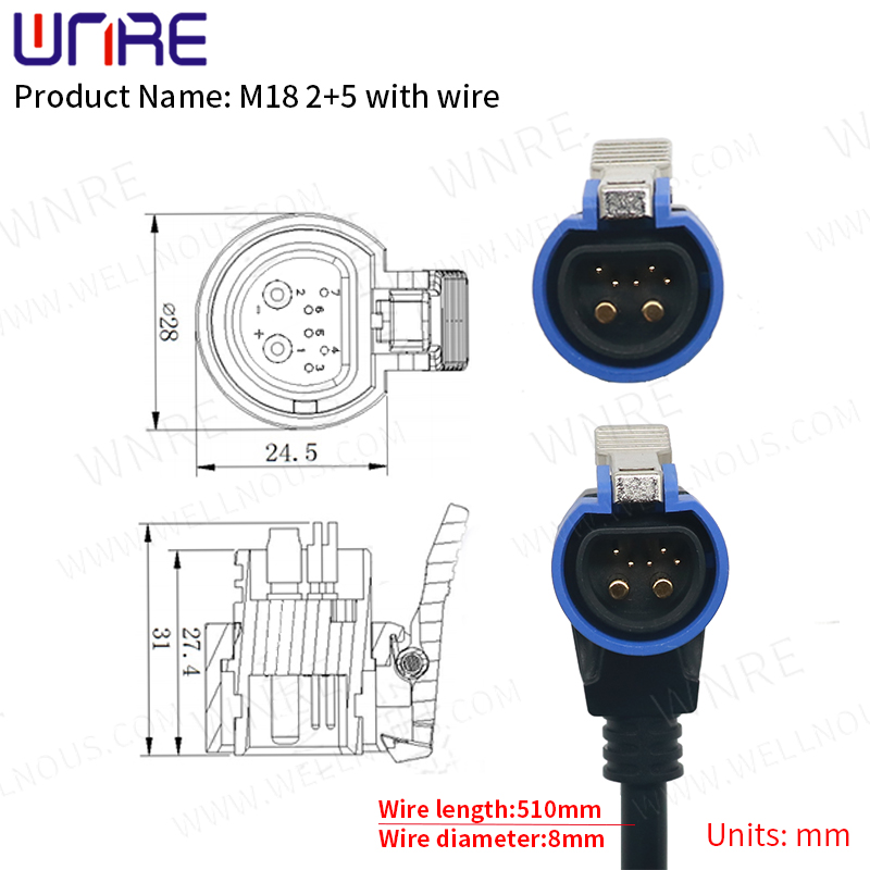 M18 2+5 Okunrin Waya Electric Bike Ngba agbara Port Scooter E-Bike Batiri Asopọmọra 30-50A IP67 Scooter Socket Power Plug