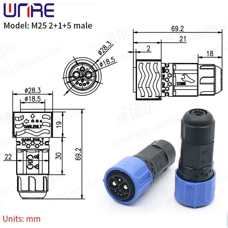 Priključek za akumulator E-BIKE IP67 30-50A Vrata za polnjenje M25 2+1+5 moški vtič z vtičnico za kabelske skuterje e Bike Plug Baterije