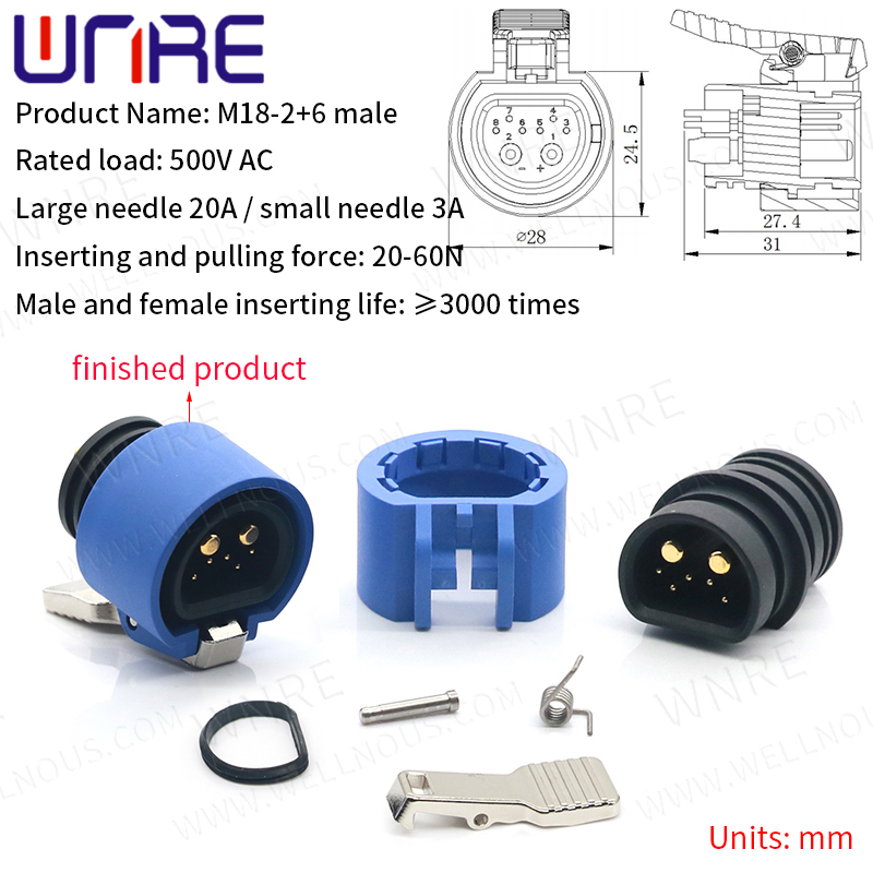 M18-2+6 Male Electric Bike Scooter Socket Power Connector e Bike Plug Batteries Scooter E-Bike Battery Connector 30-50A