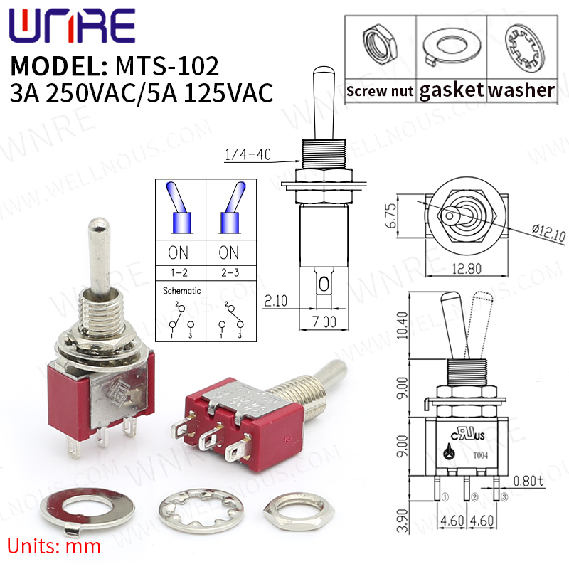 MTS-102 Mini Baskuleta Ŝaltilo 3 Pinglo 2 Pozicio Konkluda Potenca Butono Ŝaltilo Aŭto-Boato Baskulo Ŝaltilo Elektronikaj Gadgets