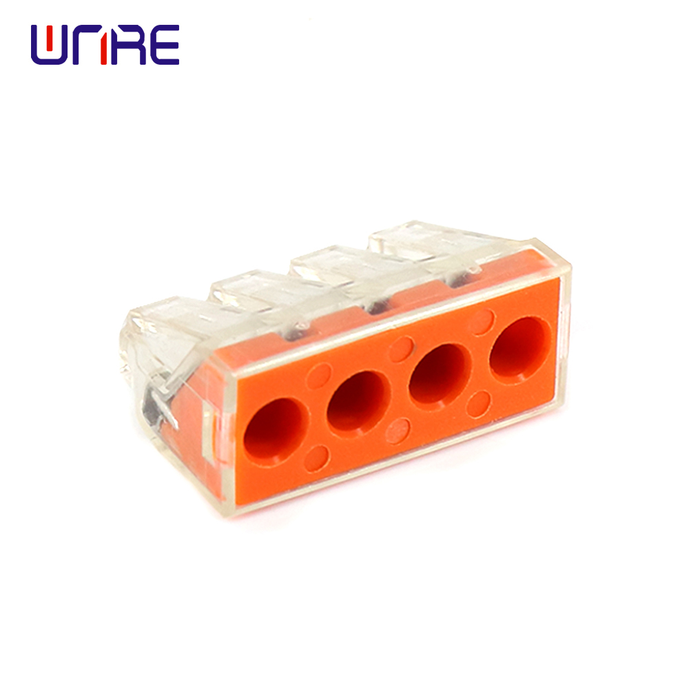 PCT-104D အဆင့်သတ်မှတ်ထားသော ဗို့အား 400V Universal Compact Wire Wiring Connector 4Pin Conductor Terminal Block Spring Lever Push