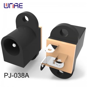 PJ-038A DC power JACK 2 mm center pin 2.5 A rating panel mount with tabs and 2.5 mm screw holes