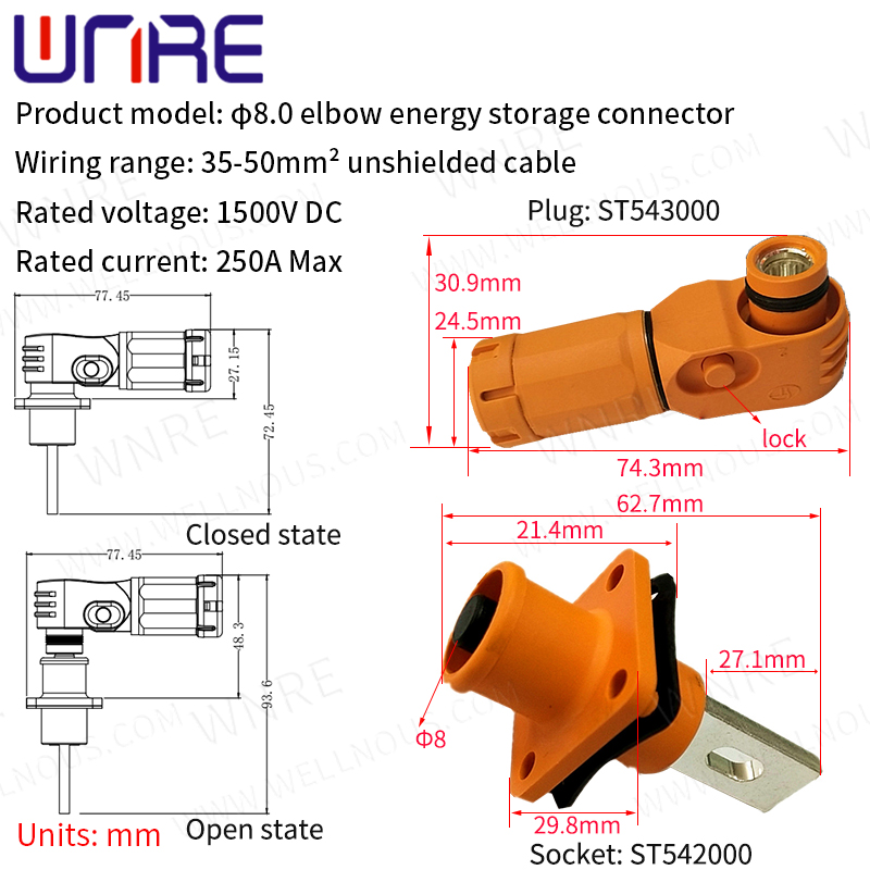 Φ8,0 mm vtičnica Enožilni pravokotni konektor za shranjevanje energije črn/oranžen visokonapetostni konektor za novo energetsko električno vozilo