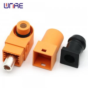 Conector de almacenamento de enerxía de Φ5,7mm Enchufe de enchufe de ángulo recto de un solo núcleo Conector HV negro/laranxa de alta corrente para vehículo eléctrico de nova enerxía